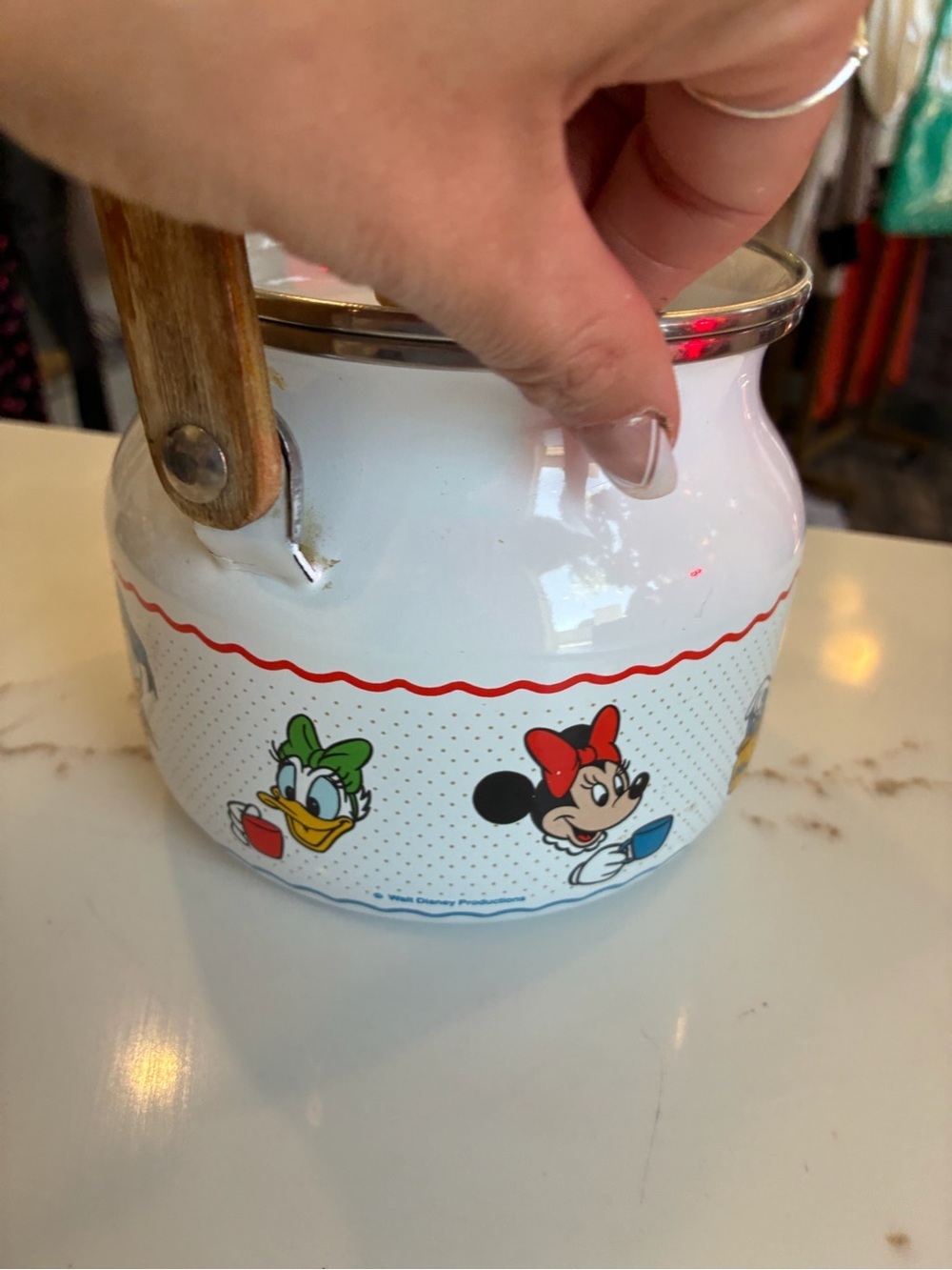 Disney Cartoon-Print Enamel Teapot with Wooden Handle vintage - Picture 4 of 7